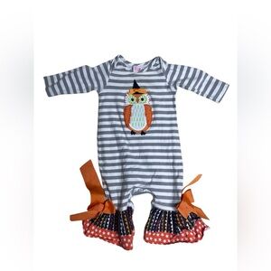 Ricrac and Ruffles fall Halloween striped owl one piece outfit size 3/6 months